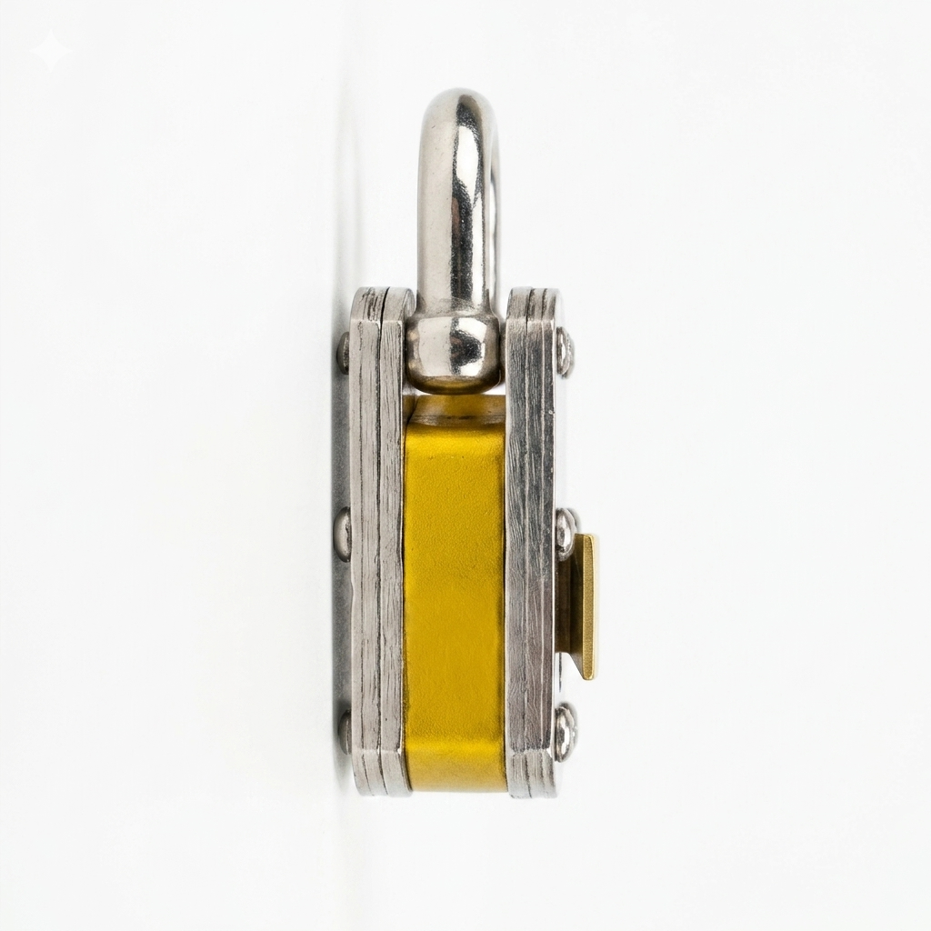 Cufflink with yellow center and silver accents on a white background